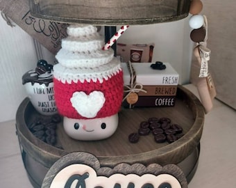 Crochet coffee marshmallow mug hat,  tier tray decor, coffee lover gift, valentine's day marshmallow mug hat