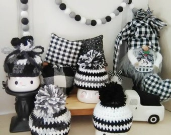Crochet marshmallow mug hats, tier tray decor, buffalo plaid, marshmallow mug topper, black and white, Christmas plaid decor, checkered