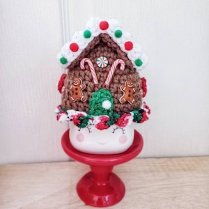 Crochet gingerbread house marshmallow mug hat, Christmas decor, gingerbread girl, tiered tray decor, mug topper, gingerbread man