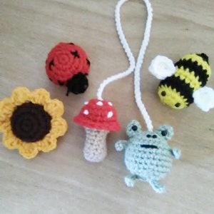Crochet mini frog rearview mirror charm, frog and mushroom, stocking stuffer, hanging car charm, toad and toadstool, bee, ladybug, sunflower