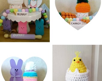 Crochet Easter marshmallow mug hats, tier tray decor, Easter decor, bunny, carrot, bunny rabbit, chick, Easter chick