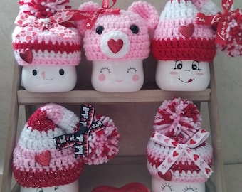 Crochet Valentine's day marshmallow mug hats, tier tray decor, Valentine's decor, Valentine's day decor, hearts, table decor, heart, bear