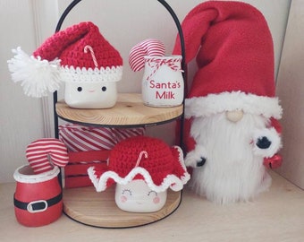 Crochet Santa marshmallow mug hats, Christmas hat, wood blocks, Christmas mug hat, tier tray decor, Christmas decor, mug topper