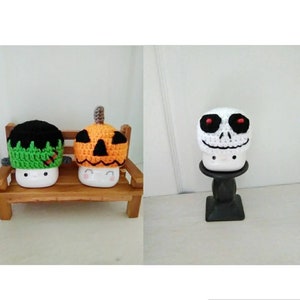 Crochet Halloween marshmallow mug hats, Frankenstein, Jack o lantern, skeleton, Halloween decor, mug topper, tiered tray decor, pumpkin