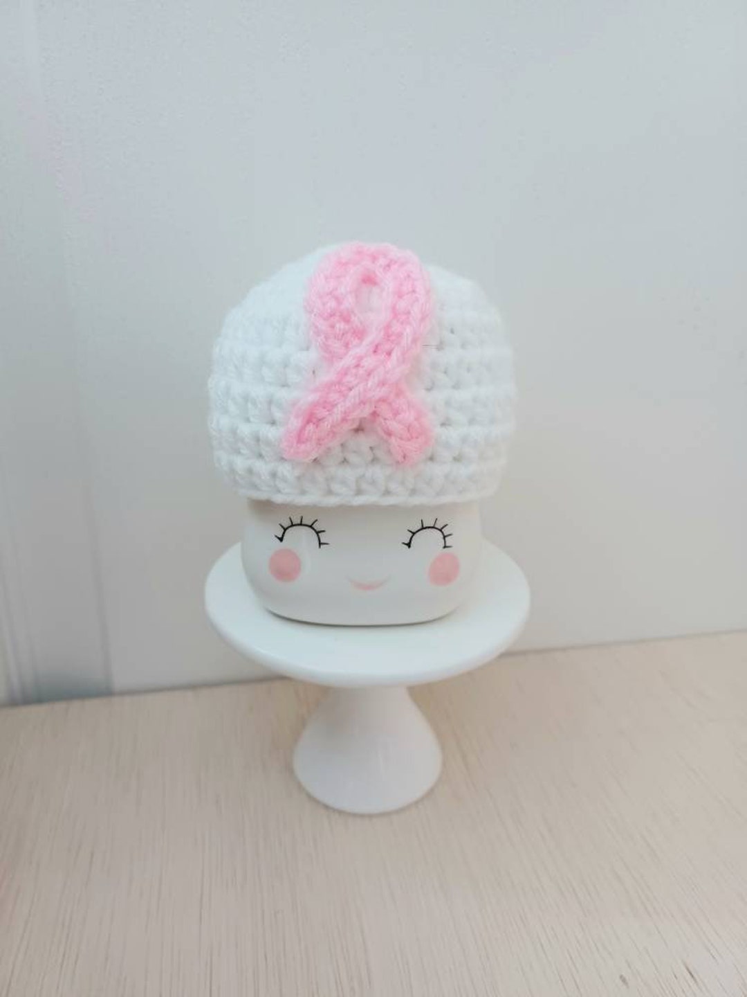 Crochet Breast Cancer Marshmallow Mug Hat, Tier Tray Decor, Breast
