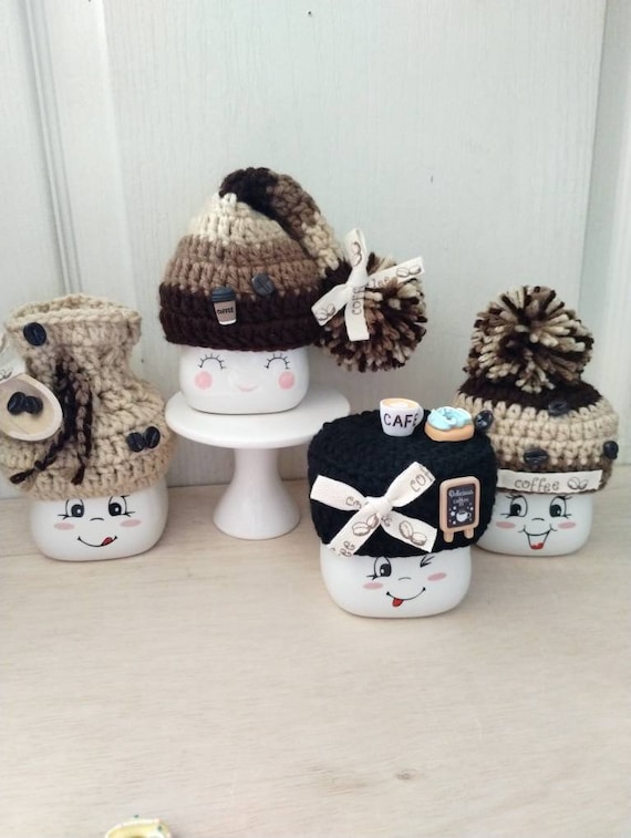 Crochet coffee marshmallow mug hat,  tier tray decor, coffee lover gift, mug topper, coffee sack, coffee scoop