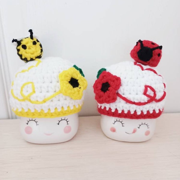 Crochet ladybug marshmallow mug hats, bee marshmallow mug hat, tier tray decor, spring decor, mug topper, ladybug lover gift, bee lover gift