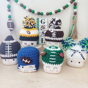 Crochet football marshmallow mug hat, tier tray, decor, football, helmet, cheerleader, mug topper, fall, football, game day, field, sports
