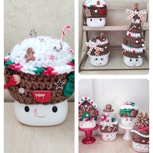 Crochet gingerbread house marshmallow mug hat, Christmas decor, gingerbread girl, tiered tray decor, mug topper, gingerbread man