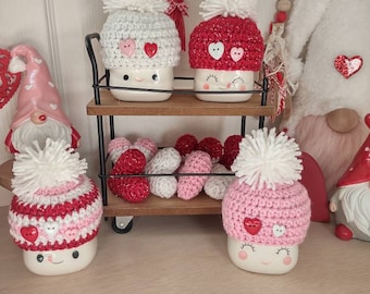 Crochet Valentine's day marshmallow mug hats, tier tray decor, Valentine's decor, Valentine's day decor, sparkle, table decor, double pompom