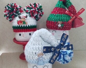 Crochet Christmas marshmallow mug hat, mug topper, Christmas decor, tiered tray decor, reindeer, moose, Santa Claus, Santa, Mrs Claus