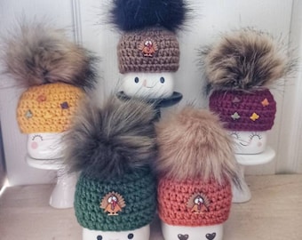Crochet fall marshmallow mug hat, turkey, fall leaves, tiered tray decor, tier tray, mug topper, Thanksgiving, faux fur pompom, winter
