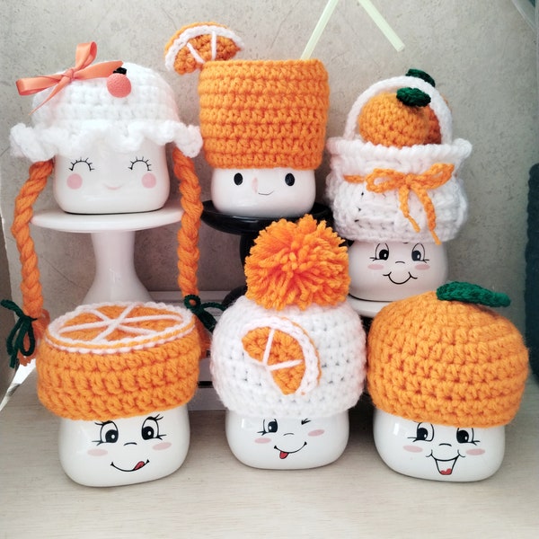 Crochet orange marshmallow mug hat, basket of oranges, girl, tier tray decor, orange decor,  summer, spring, orange, orange fruit