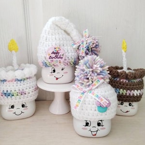 Crochet birthday marshmallow mug hat, birthday cake,  party hat, happy birthday, mug topper, tiered tray decor, birthday decor,  tier tray