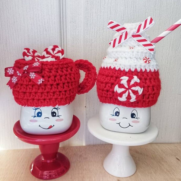 Crochet peppermint hot cocoa marshmallow mug hat, tiered tray decor, Christmas, Santa, hot chocolate, peppermint, winter, peppermint coffee