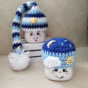 Crochet night marshmallow mug hat, tier tray decor, mug topper, nighttime cap, night, night and day, nightcap, night cap