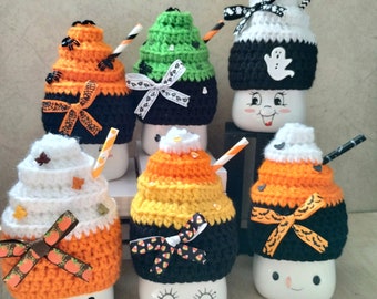 Crochet coffee marshmallow mug hat,  tier tray decor, coffee lover gift, Halloween, spooky, witch, spider, bat, candy corn, witches brew