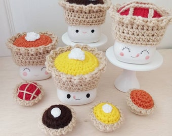 Crochet thanksgiving pie marshmallow mug hat, chocolate,  pumpkin, cherry, lemon meringue, fall marshmallow mug hat, tiered tray, mug topper