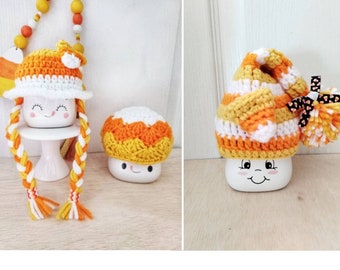 Crochet candy corn marshmallow mug hats, tier tray decor, fall decor, mug topper, Thanksgiving decor, Halloween decor, girl, candy corn
