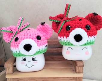 Crochet watermelon bear marshmallow mug hats, summer decor, spring decor, tier tray decor, watermelon decor, mug topper, bear, watermelon