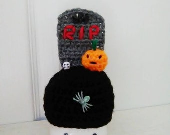 Crochet Halloween marshmallow mug hat, spooky, tiered tray decor, fall decor, RIP, gravestone, tombstone