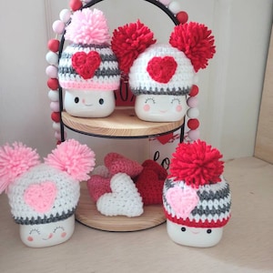 Crochet Valentine's day marshmallow mug hats, tier tray decor, Valentine's decor, Valentine's day decor, hearts, table decor, double pompom