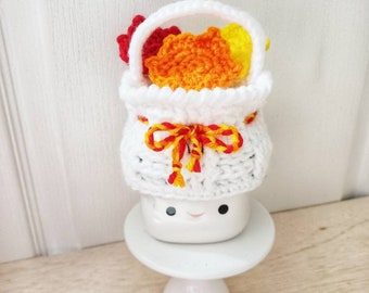 Crochet basket of maple leaves marshmallow mug hat, tier tray decor,  mug topper, spring, summer, fall, leaves, Thanksgiving