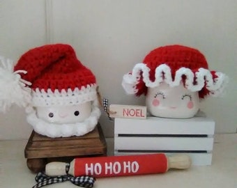 Crochet Santa marshmallow mug hats, Christmas hat, wood blocks, Christmas mug hat, tier tray decor, Christmas decor, mug topper, Noel