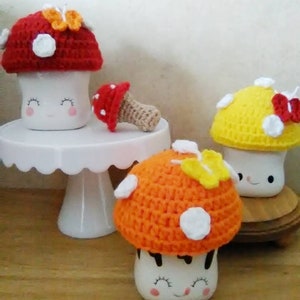 Crochet mushroom marshmallow mug hats, tier tray decor,  mushroom decor, mug topper, toadstool marshmallow mug hat