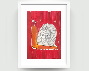 Puede incluir: Una pintura abstracta colorida de un caracol sobre un fondo rojo. El caracol está dibujado con líneas negras y tiene una concha blanca. El fondo está hecho de tiras de papel rojo y naranja.