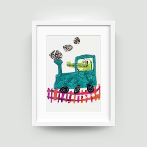 Tutti a bordo! Illustrazione originale, decorazione per bambini, decorazione murale per cameretta, con cornice, tecnica mista su carta.