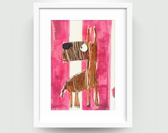 May include: A framed artwork featuring a whimsical illustration of a dog. The dog is brown with a large black eye and is set against a background of pink and white vertical stripes. The artwork is in a white frame.