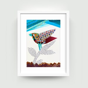 Bird illustration for kids room. Original artwork. Animal series. Collage art. With frame