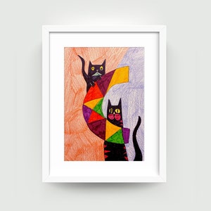 C para gatos. Ilustración original para niños, decoración infantil, arte de pared de guardería, con marco, arte de técnica mixta en papel