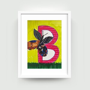 B de mariposa. Ilustración original para niños, decoración infantil, arte de pared de guardería, con marco, arte de técnica mixta en papel