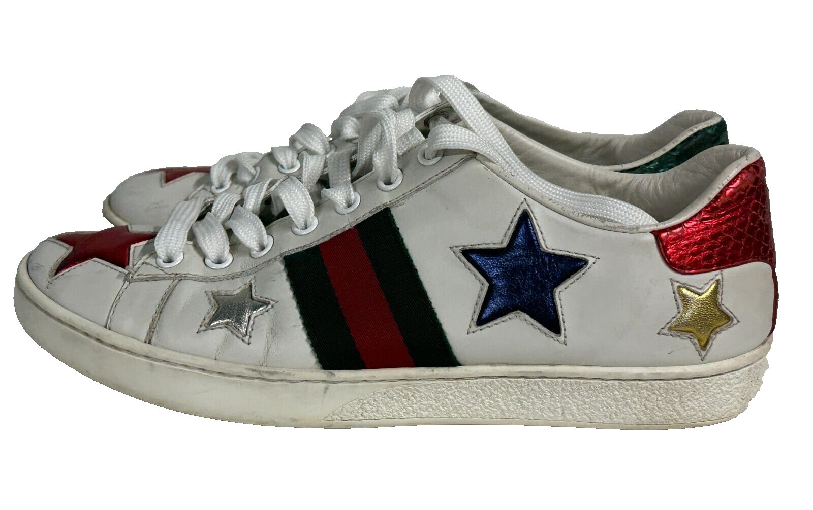 Gucci Ace Star Sneakers White Metallic Red Green Leather Size 37.5 Etsy