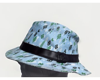 Kangol Palmer Trilbyhatt i bomull, blått tryck, stereo, The Cultivate, storlek Large 2005