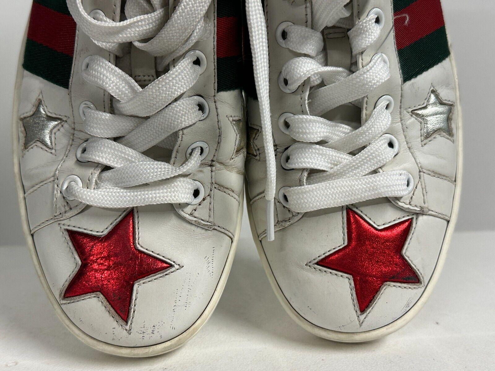 Gucci Ace Star Sneakers White & Metallic Red Green Leather Size