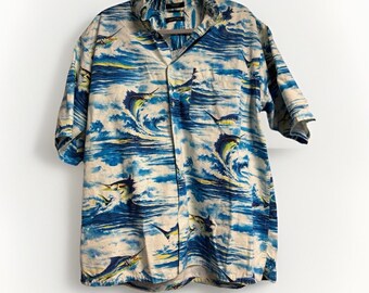 Large Nautica Men's Swordfish Sailfish Marlin Camp Shirt Hawaii Aloha Cotton