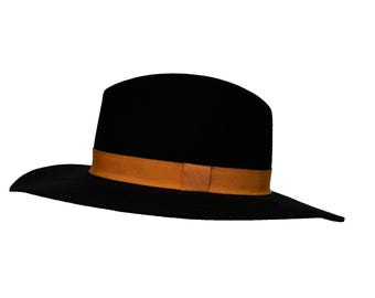 Goorin Bros svart fedorahatt med filt, brett brätte och droppformad krona, orange band, M ny