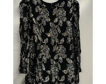 Metallisk Lamé Guldblus Svart Transparent Tunika Topp 12 Vintage 80-tal Patra