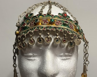 Vintage Moroccan Wedding Jewelry Amazigh Headdress Taounza Crown Bracelet Set