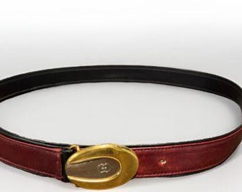 VTG GUCCI Skinny Belt Logo GG Gold Buckle Red 90-36
