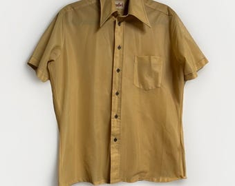 Vintage Large 1970's Tan Sheer Branford Button Up Short Sleeve Shirt Mens