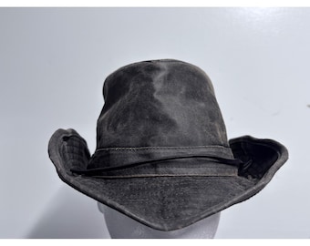 Henchel Hat Brown Outback Oil Cloth M  Hat Wide Brim Fedora Style Chin Strap