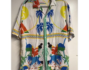 Zara Mens XL Tropical Palm Tree Graphic Hawaiian Button Up Shirt S/S Color block