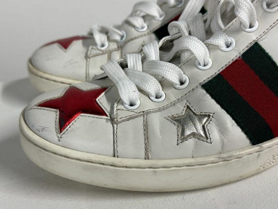 Gucci Ace Star Sneakers White & Metallic Red Green Leather  display picture 1