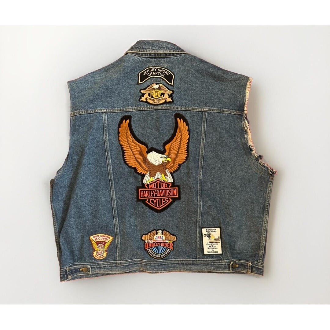 Harley Davidson Denim Vest Biker Rider Patches Pins Jersey Shore Police ...