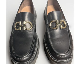 Mocasines de plataforma de piel negra Salvatore Ferragamo Gancini para hombre, talla US 10