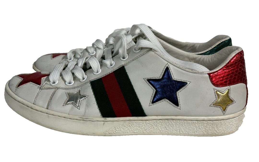 Gucci Ace Star Sneakers White & Metallic Red Green Leather Size